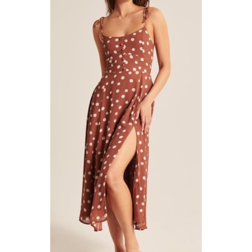Abercrombie & Fitch Tie-Strap Corset Midi Dress Brown Cream Polka Dot